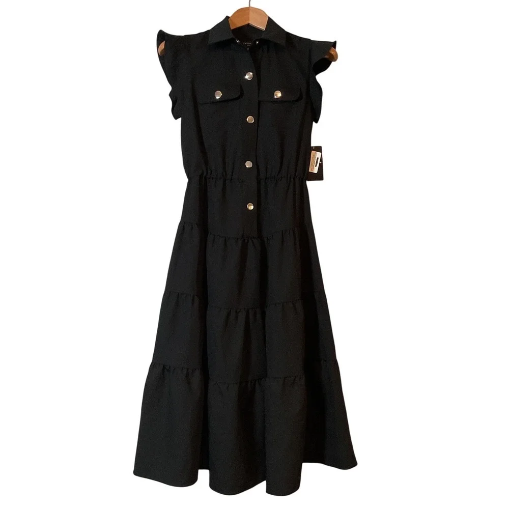 Tahari ASL Womens Black Snap Front Tiered Midi Dress Ruffle Cap Sleeve Size 2 - Picture 2 of 9